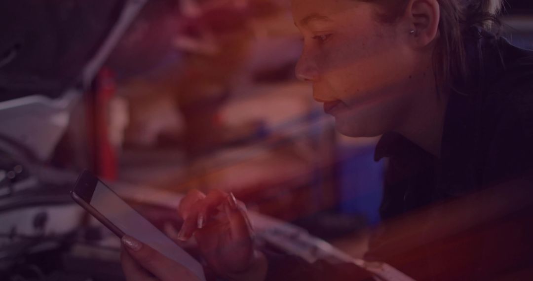 Female Auto Technician Using Tablet for Engine Diagnostics under Open Hood