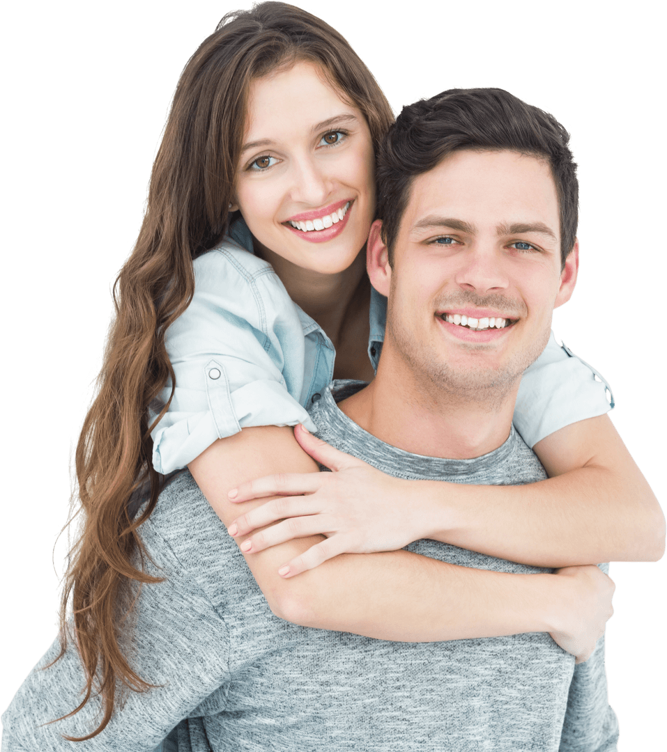Transparent Smiling Young Couple Embracing Cheerfully