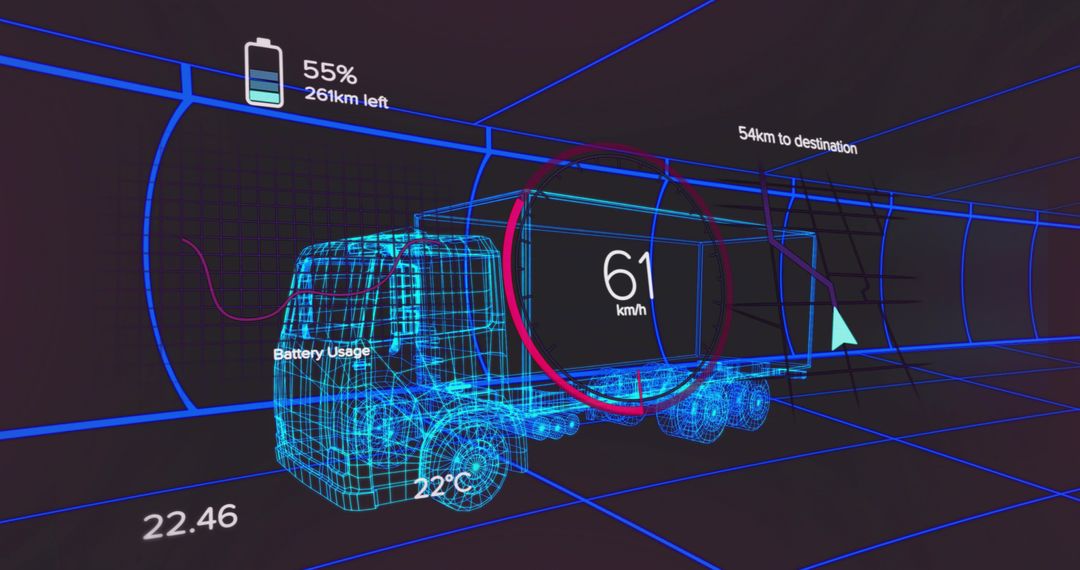 Futuristic Semi-Truck in Virtual Grid with Battery Display and Speed Dash