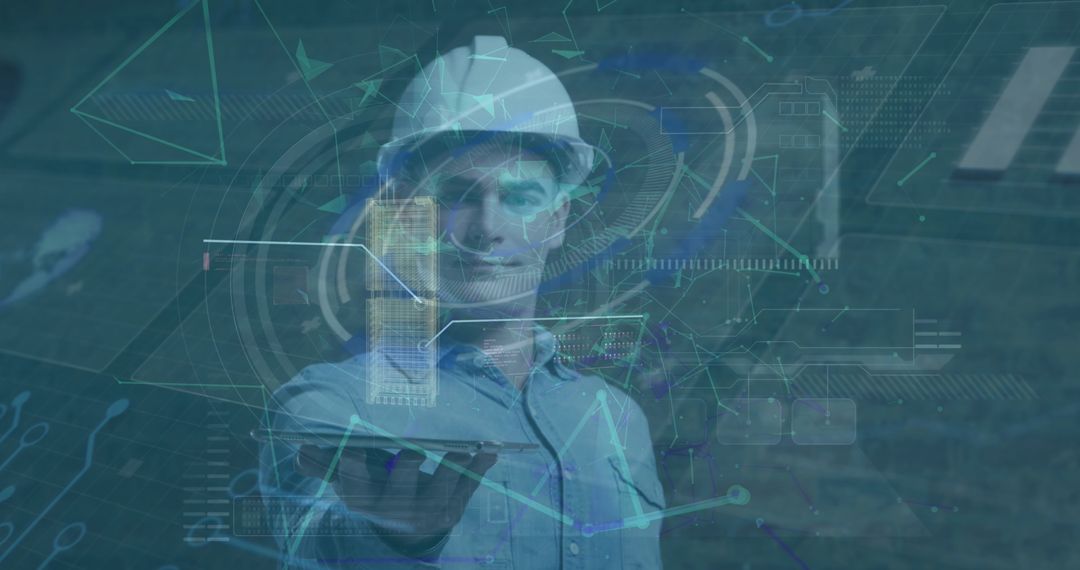 Futuristic Technology Interface with Businessman in Hard Hat