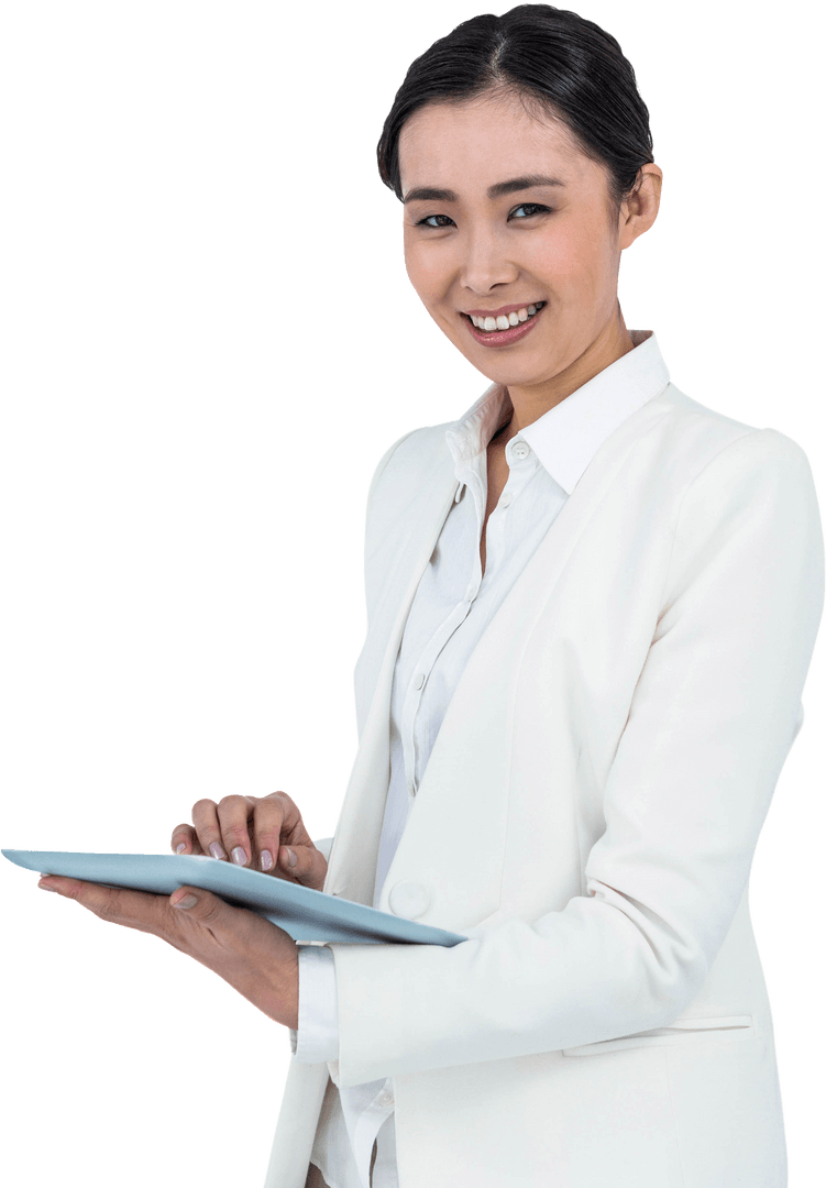 Transparent Background Smiling Businesswoman Using Tablet