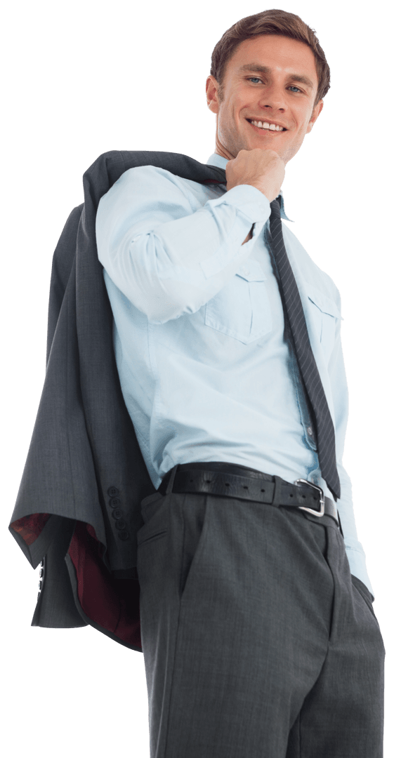 Smiling Businessman Holding Transparent Jacket Over Shoulder