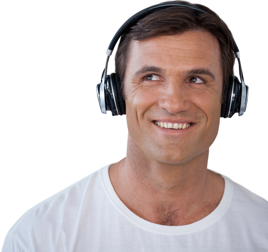 Happy Mature Man Wearing Headphones Listening to Music on Transparent Background - Download Free Stock Images Pikwizard.com