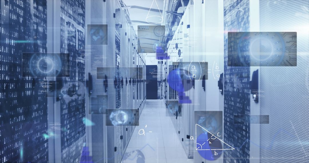 Futuristic Data Center with Digital Overlays in Blue Tone