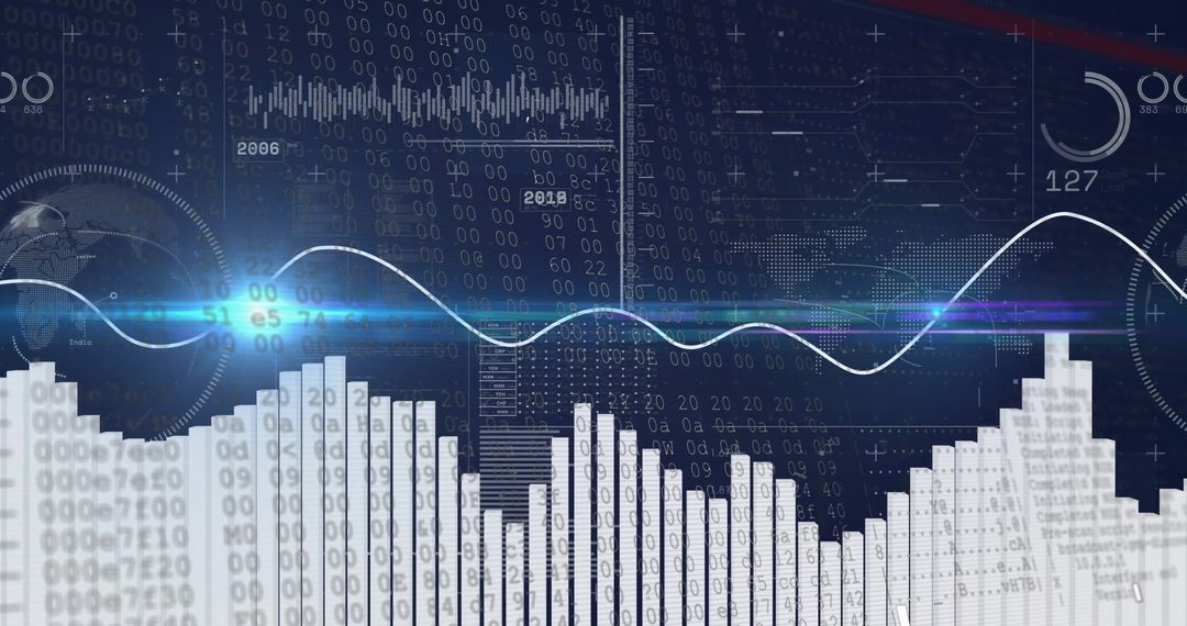 Futuristic Data Analytics Interface with Bar and Line Graphs on Dark Screen