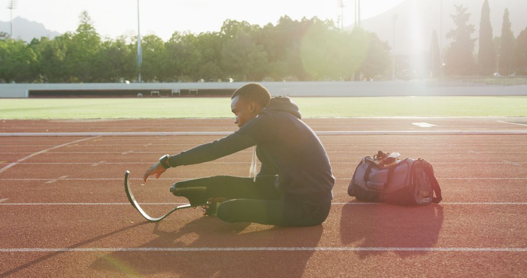 Athletic Man with Prosthetic Leg Stretching on Track at Sunrise - Free Images, Stock Photos and Pictures on Pikwizard.com