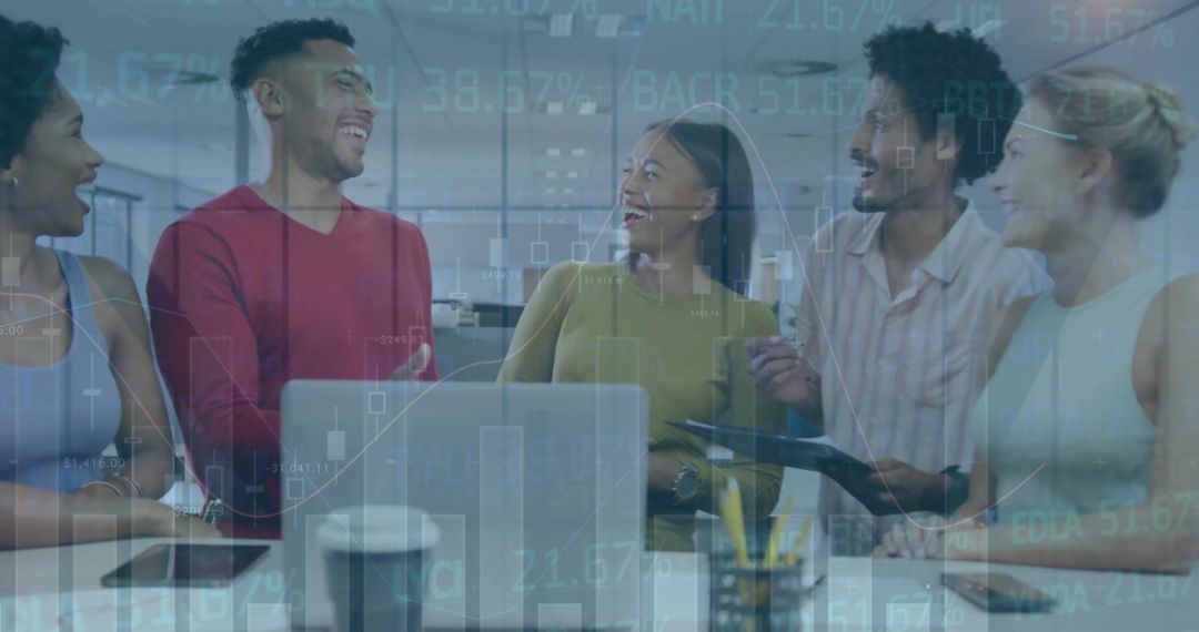 Diverse Team Collaborates in Modern Office with Financial Data Overlay