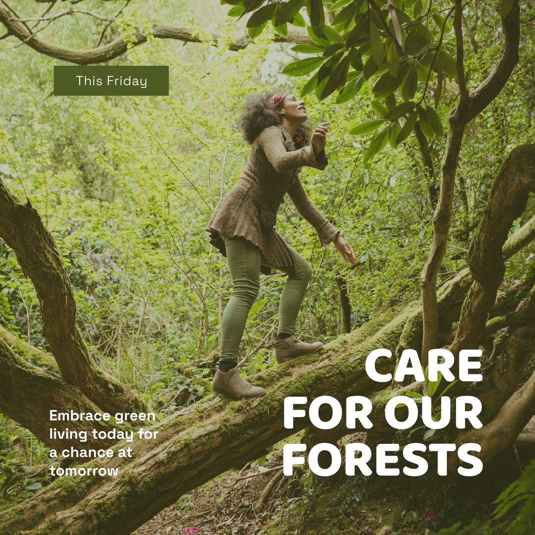Woman Climbing Tree Promoting Forest Conservation