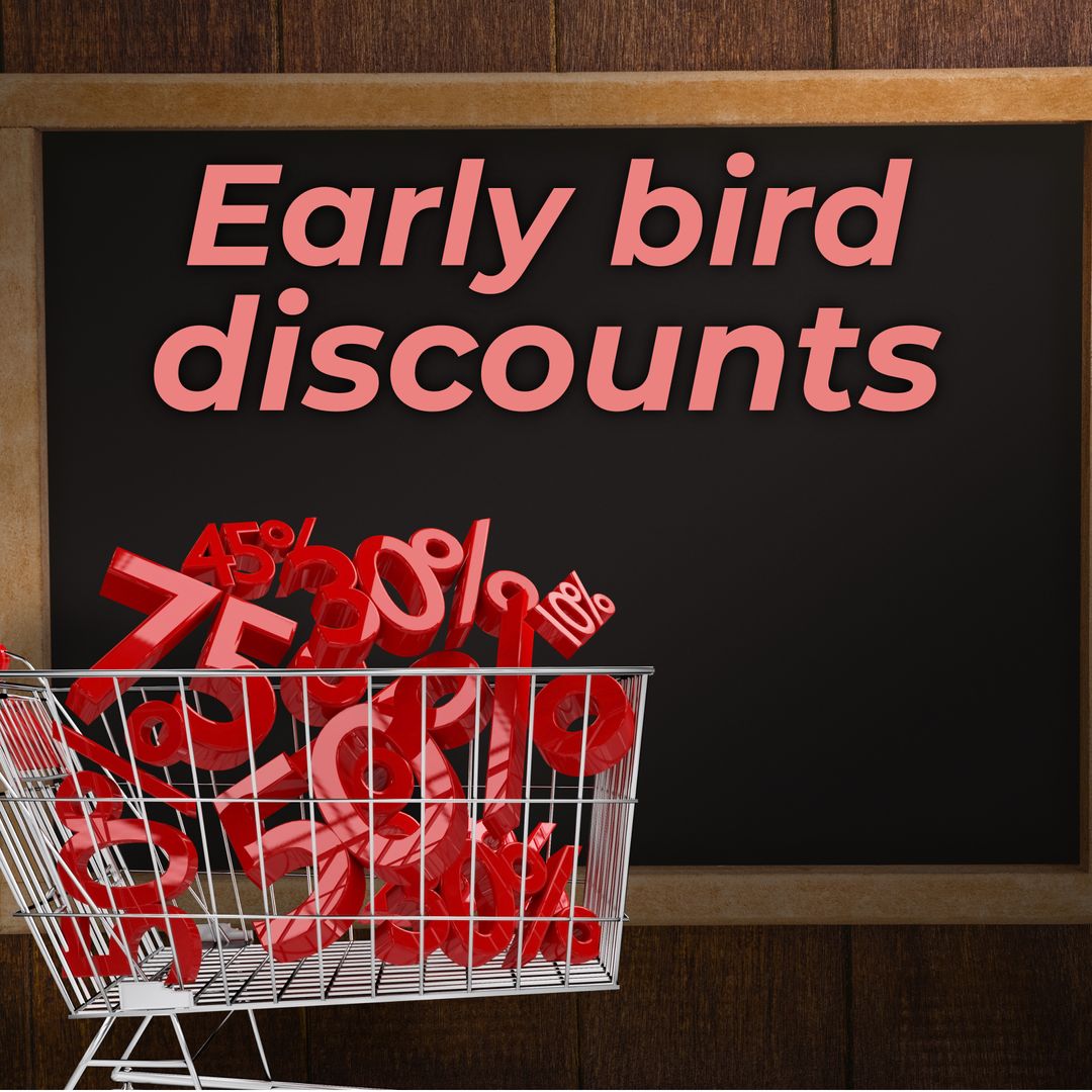 Early Bird Discounts with Shopping Cart and Red Percentages