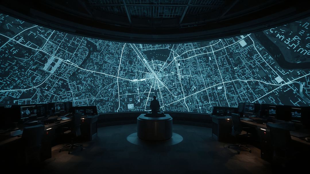 Operator Monitoring Digital Street Map in High-Tech Control Center