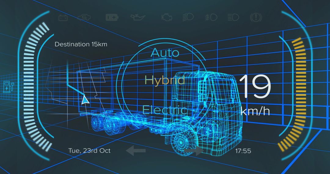 Futuristic Wireframe Semi-Truck AR Navigation Display Interface