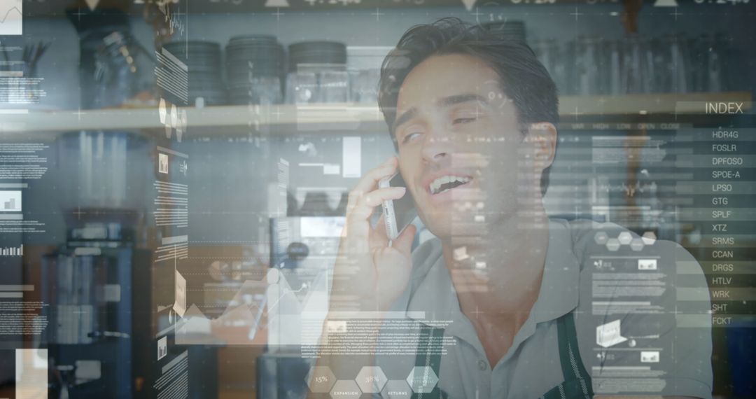 Businessman with Digital Data Overlay Using Smartphone