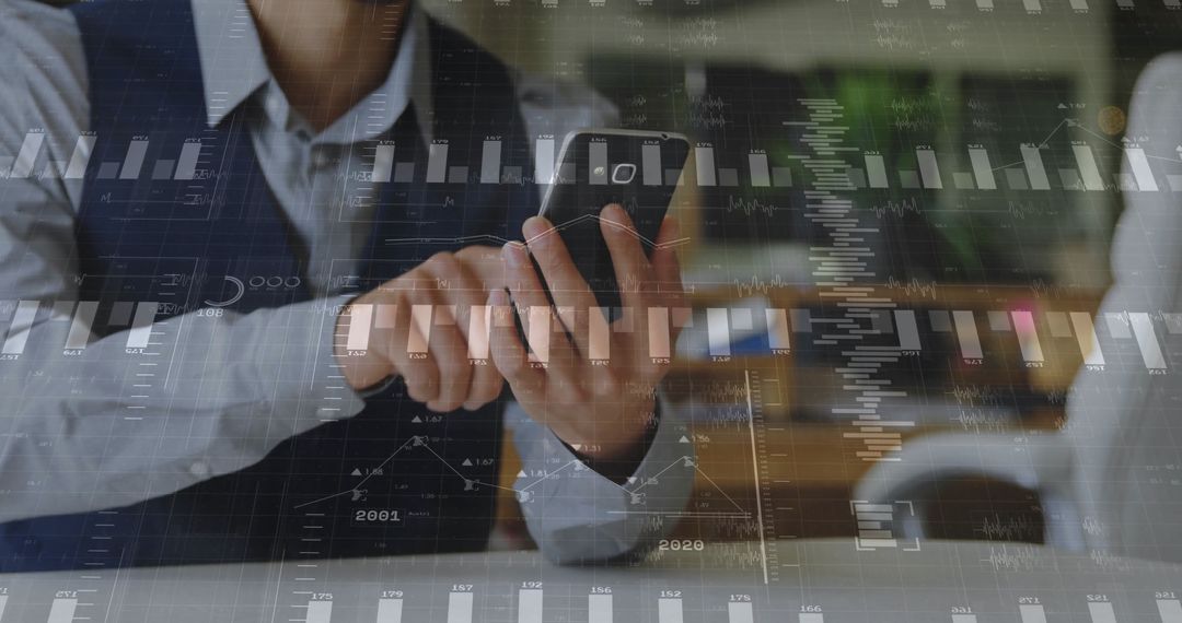Businessman Using Smartphone for Digital Analytics in Modern Office