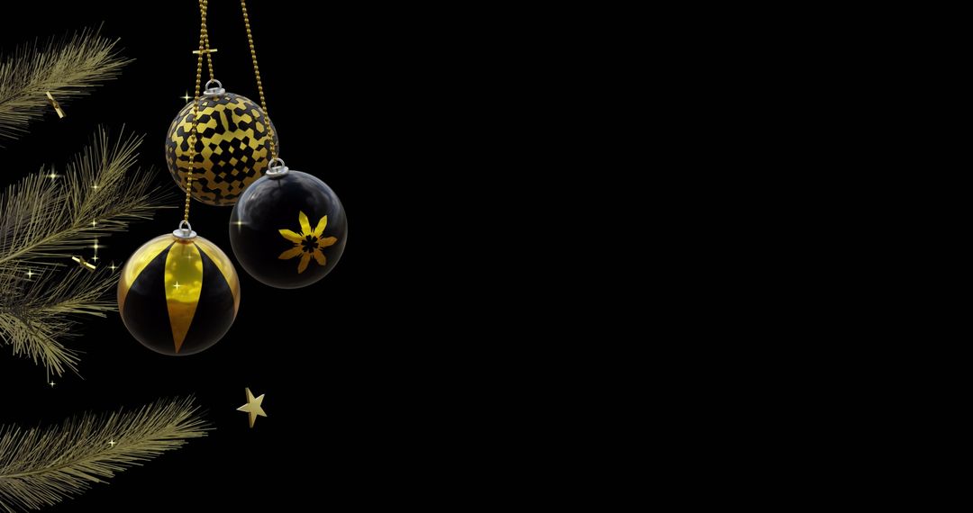 Black and Gold Christmas Baubles on Pine Tree with Copy Space - Free Images, Stock Photos and Pictures on Pikwizard.com