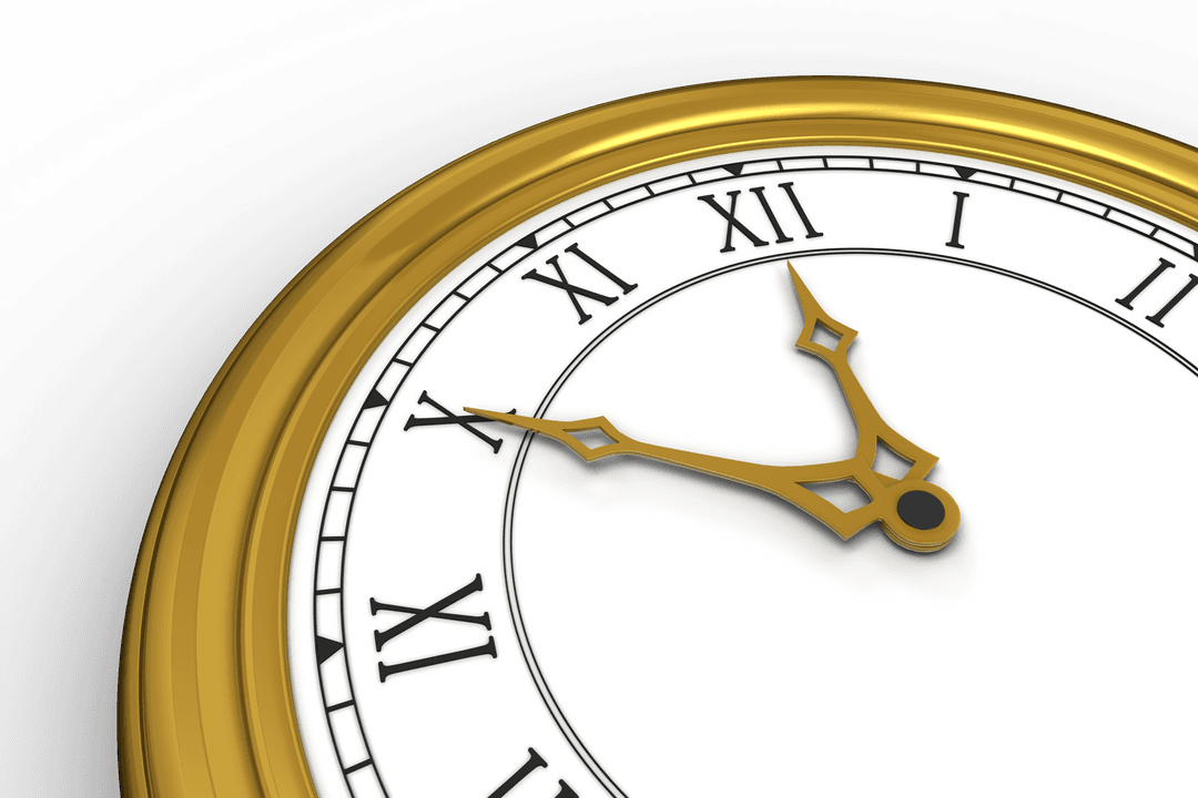 Gold Vintage Clock on Transparent Background with Roman Numerals