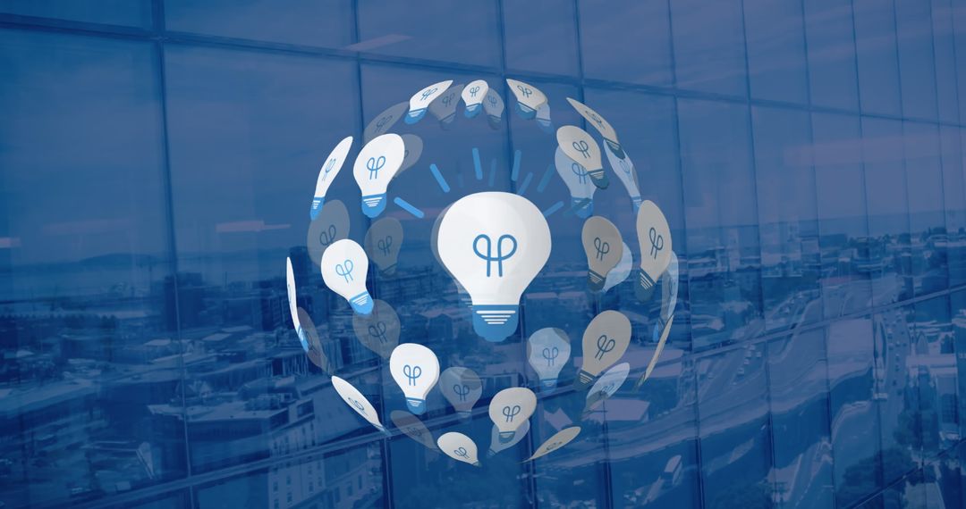 Digital Globe Formed with Light Bulbs Over Cityscape