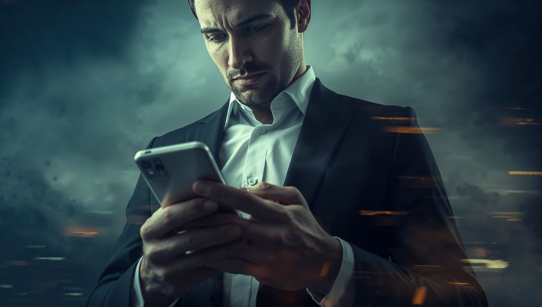 Businessman Using Smartphone with Dramatic Digital Effects