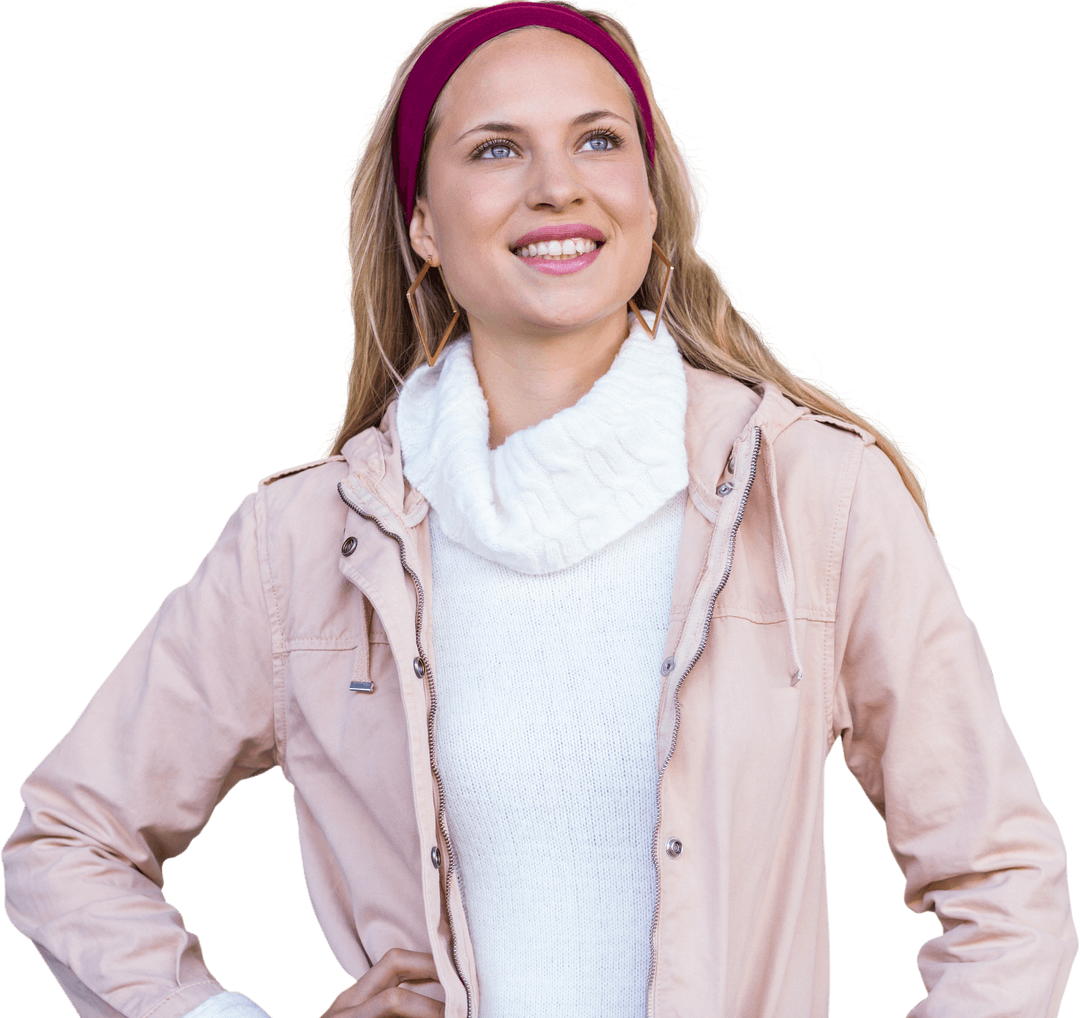 Smiling Woman in Jacket Looking Up, Isolated Transparent Background