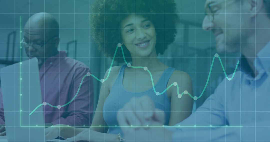 Diverse Team Analyzing Data with Interactive Chart Overlay