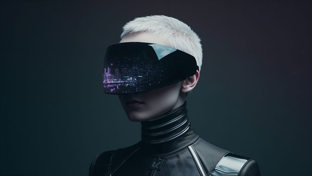Futuristic model wearing glossy VR visor and metallic bodysuit with neon city reflection