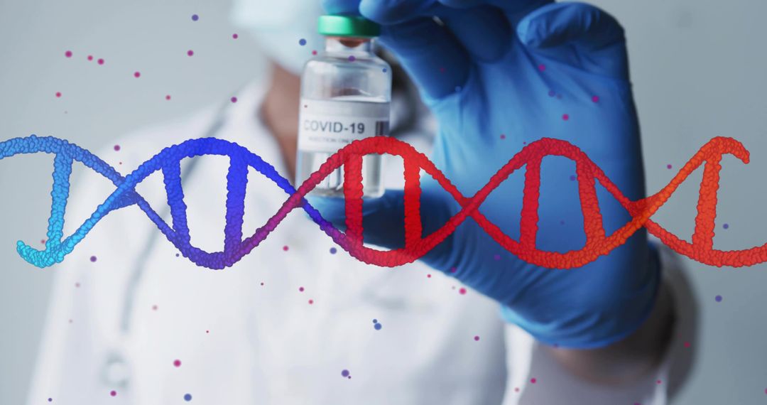 Medical scientist holding COVID-19 vaccine vial with DNA helix overlay for genomics