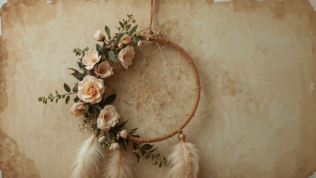Boho Dreamcatcher with Peach Roses and Cream Feathers on Rustic Wall