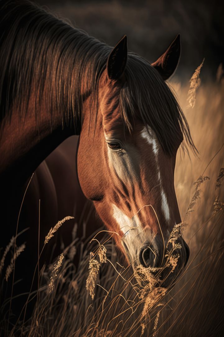 Close up of brown horse standing in field, created using generative ai technology - Free Images, Stock Photos and Pictures on Pikwizard.com