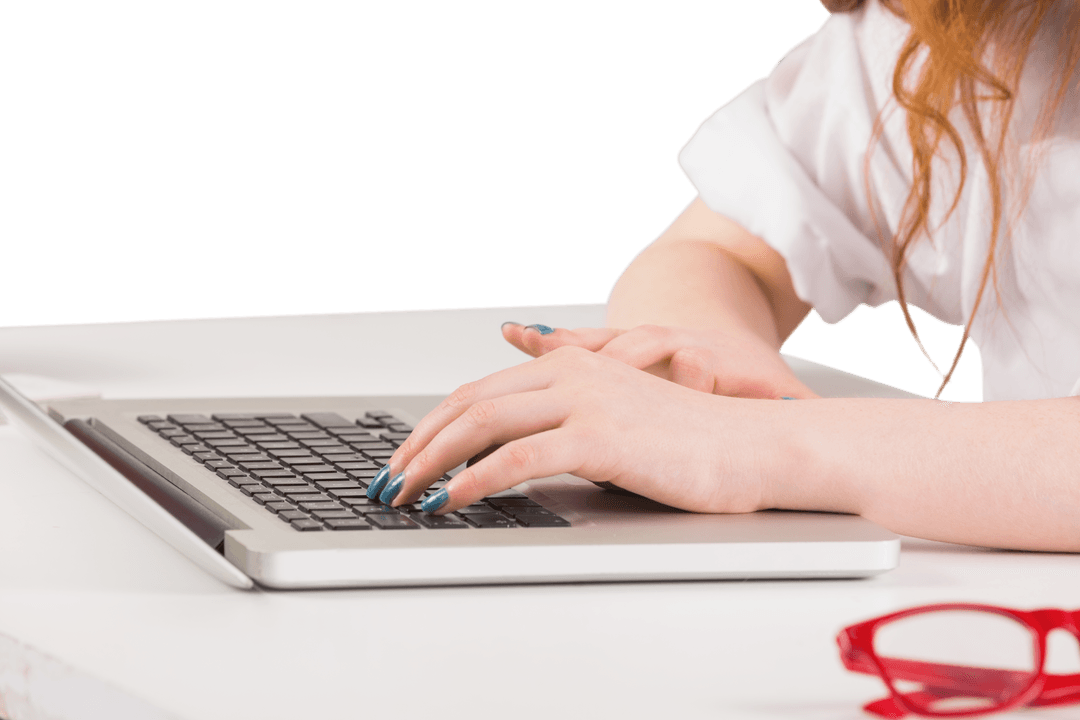 Transparent Hands Typing on Laptop Computer on White Desk