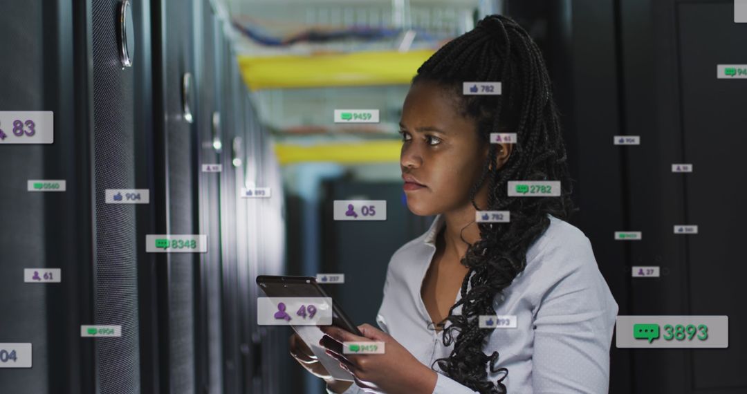 Engineer Analyzing Data in a Server Room with Digital Notifications
