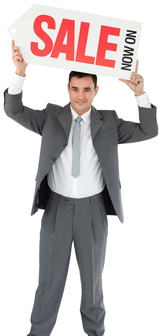 Smiling Businessman Holding Transparent Sale Sign Overhead