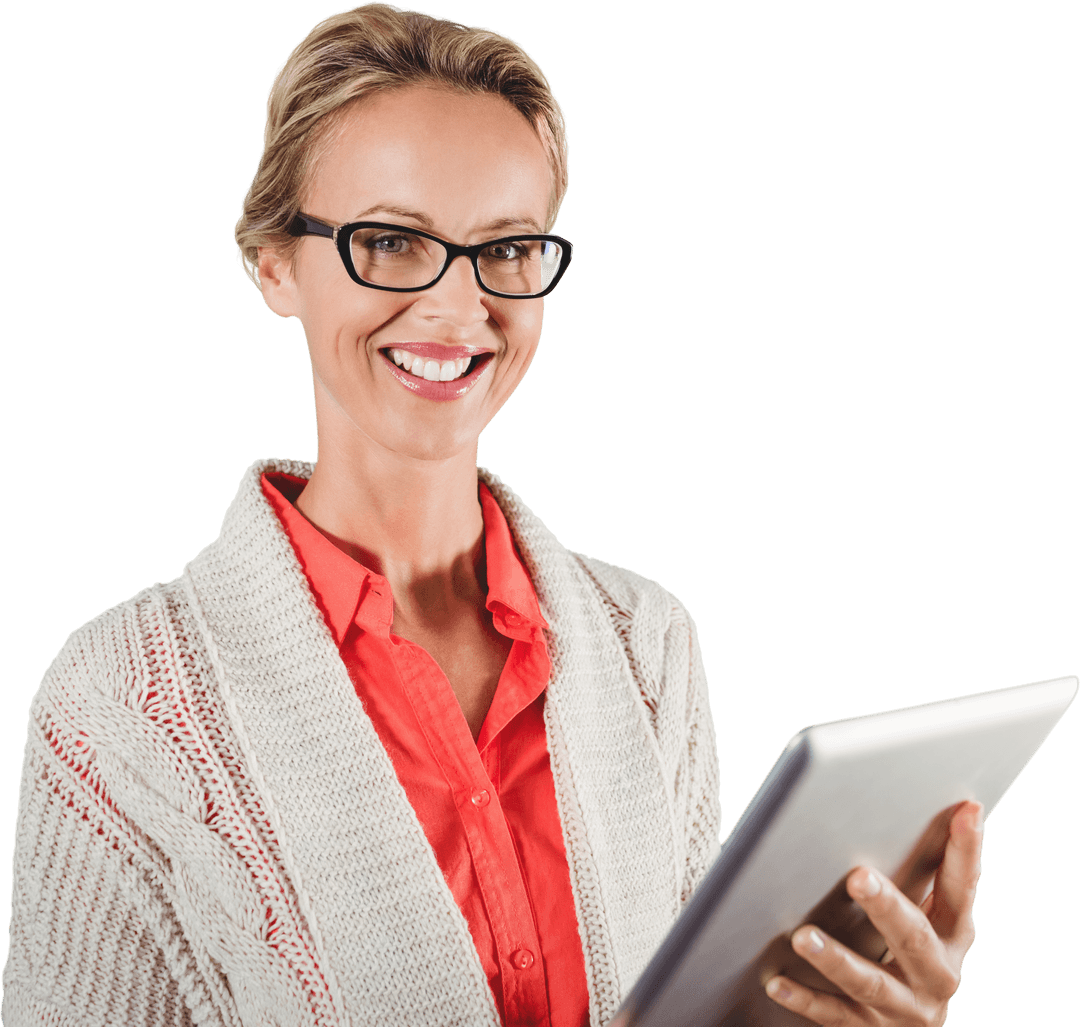 Smiling Businesswoman with Tablet on Transparent Background