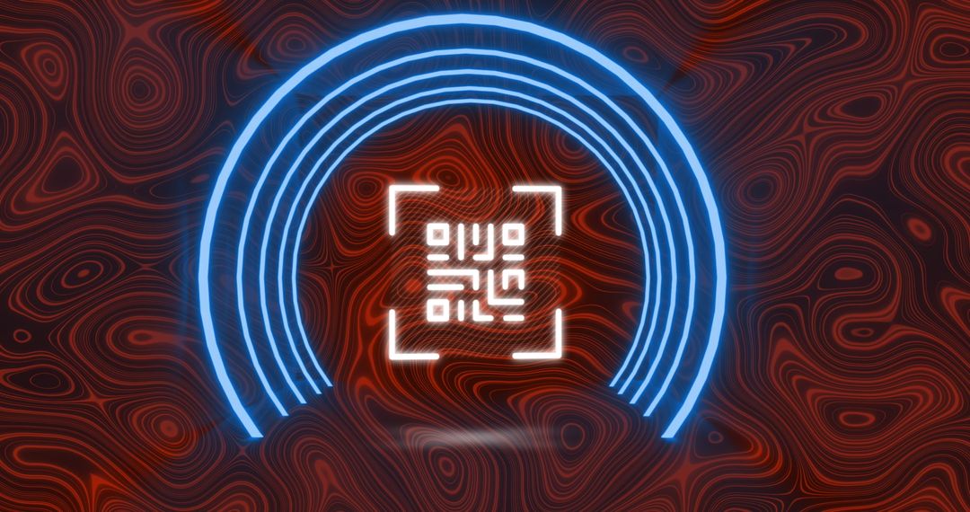 Glowing QR Code with Neon Blue Circle and Red Abstract Background