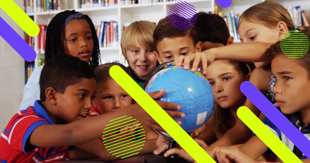 Multicultural children reaching toward globe in school library, discovering world together
