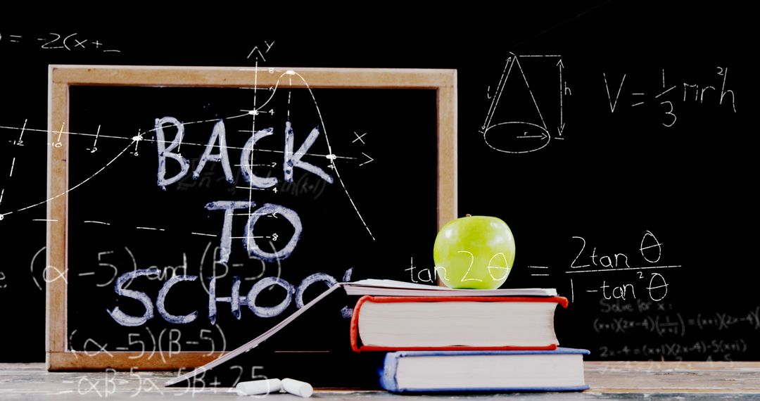 School Chalkboard with Books, Apple and Mathematical Formulas