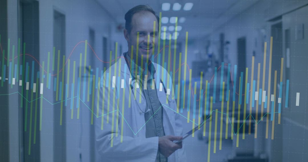 Doctor Using Tablet with Medical Data Analytics Overlay in Hospital Corridor
