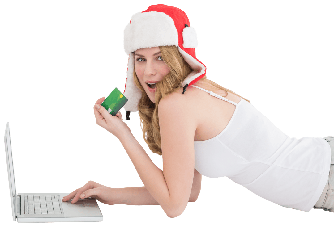 Festive Shopping on Laptop With Credit Card and Santa Hat