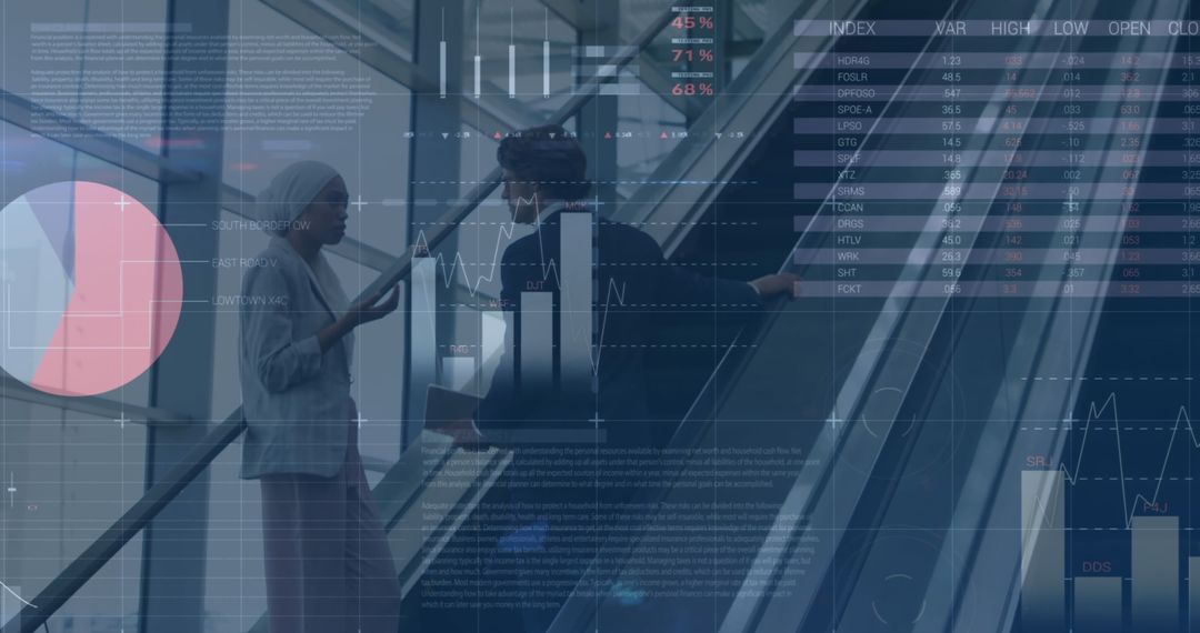 Diverse Businesspeople Engaged in Discussion with Financial Graphs Overlay