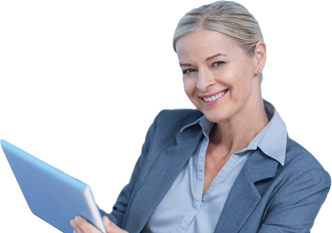 Smiling Businesswoman Using Digital Tablet Isolated on Transparent Background