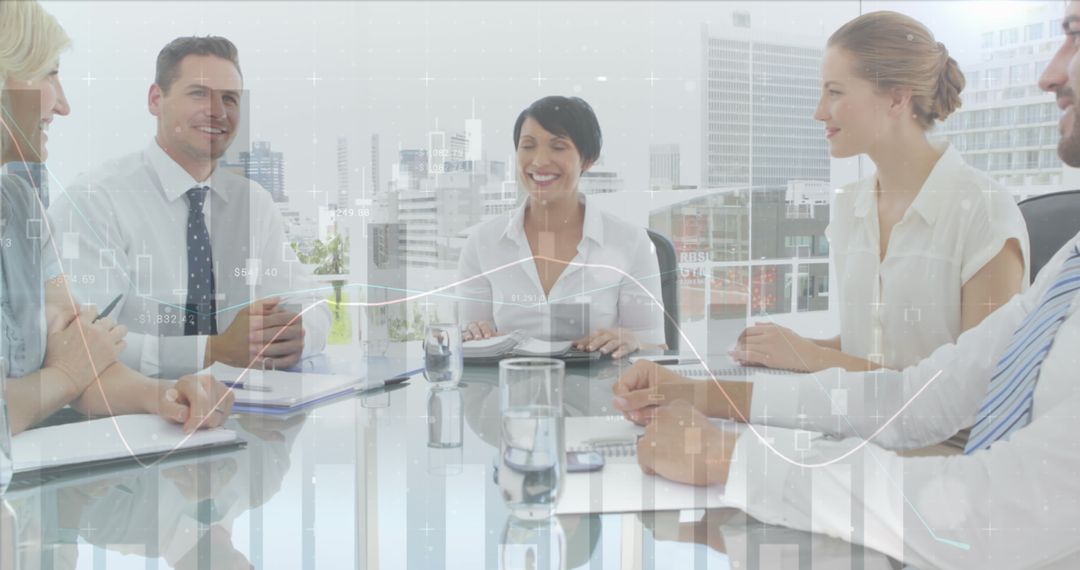 Interracial Team Collaborating in Modern Office with Data Overlay