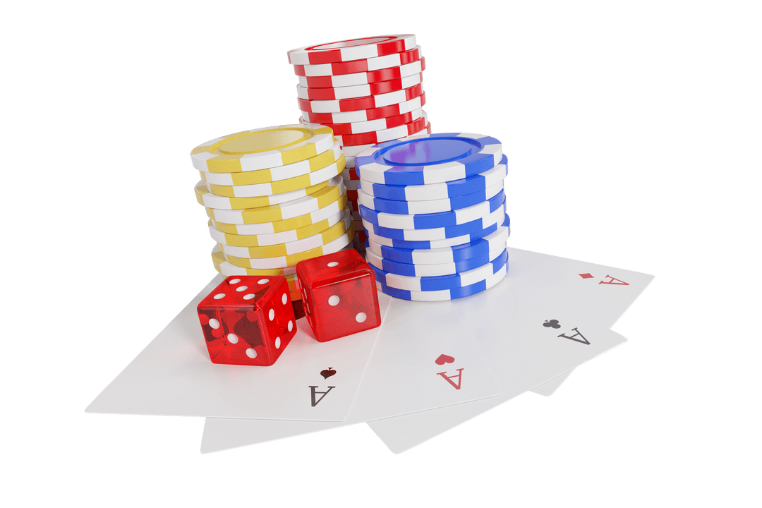 Transparent Casino Chips with Dice and Playing Cards Arrangement