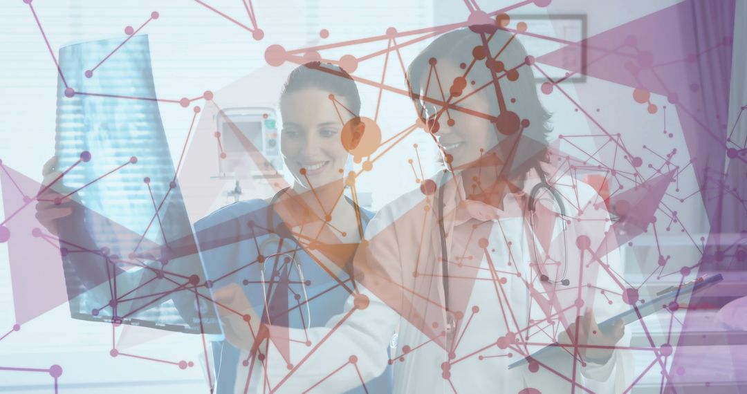 Female Medical Professionals Analyzing X-Ray with Digital Network Overlay
