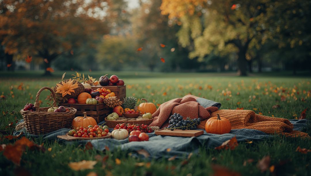 Autumn Harvest Picnic with Bountiful Fall Produce and Cozy Setup