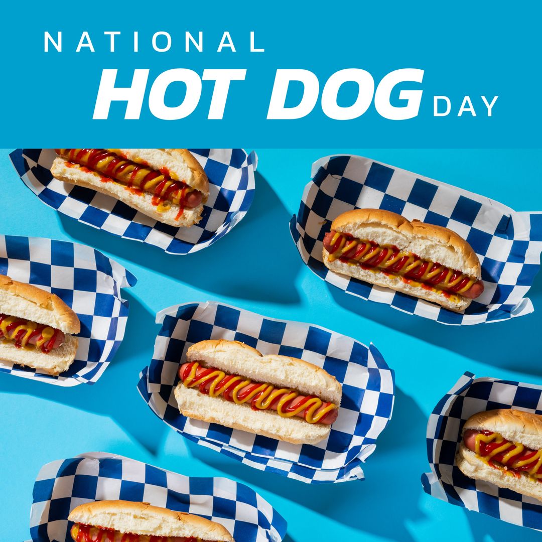 National Hot Dog Day Creative Promo with Hot Dogs and Blue Background - Download Free Stock Templates Pikwizard.com