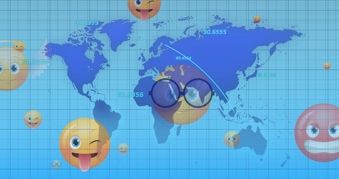World Map with Emojis and Digital Data Overlay