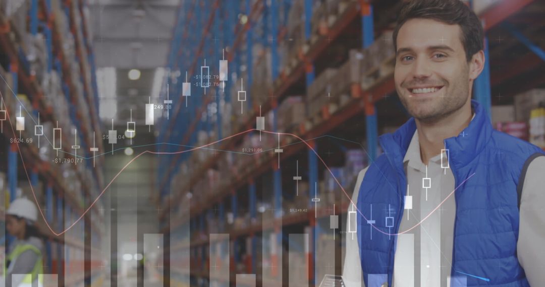 Digital Stock Analysis with Smiling Warehouse Worker