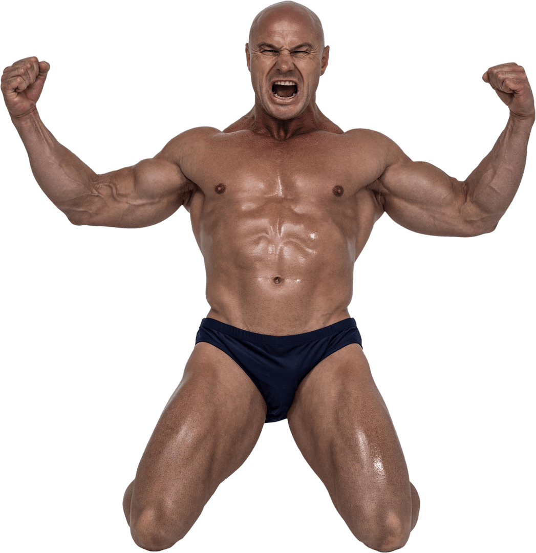 Powerful Transparent Muscular Man Kneeling in Tense Pose