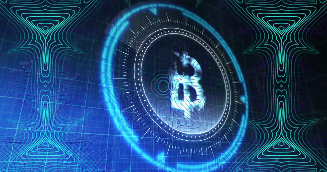 Glowing Bitcoin Symbol in Digital Interface with Neon Blue Grid