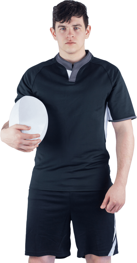 Rugby Player Posing with Ball on Transparent Background