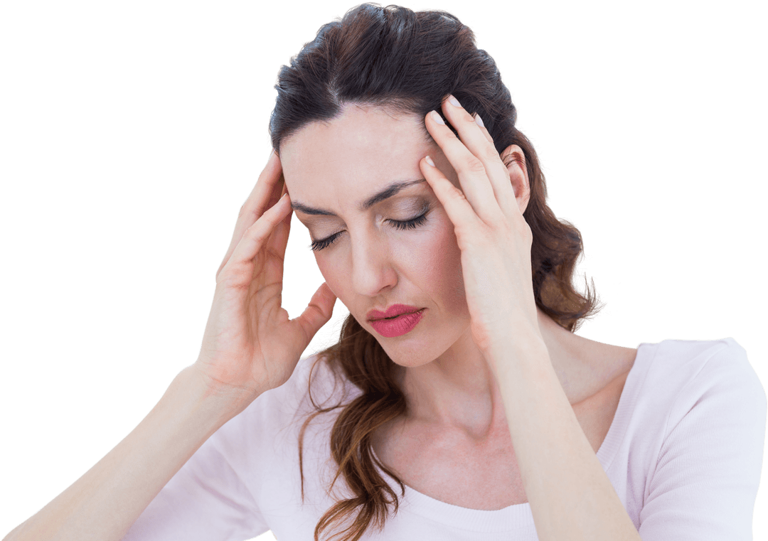 Woman Holding Head on Transparent Background Expressing Discomfort