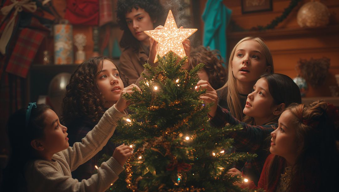 Children Joyfully Decorating Christmas Tree with Star Topper